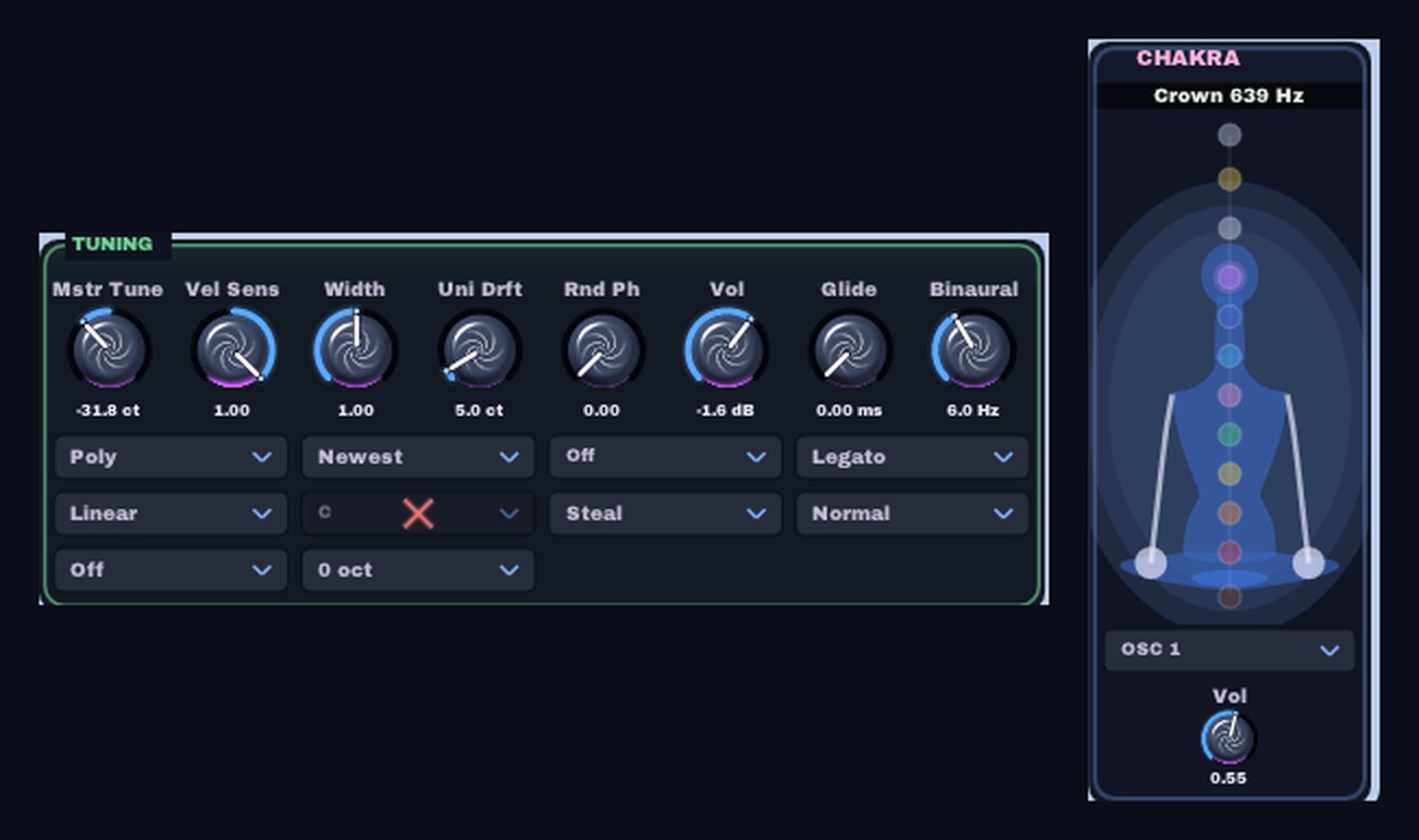 Tuning panel with Master Tune at minus 31.8 cents for A equals 432 Hz and a 6 Hz binaural beat, next to the chakra panel with the Crown tone at 639 Hz lit
