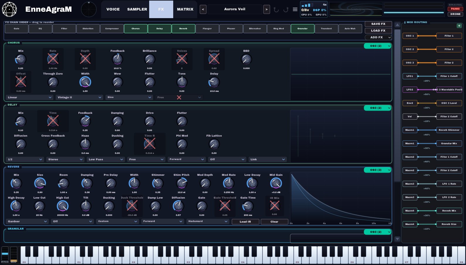 Effects page with a drag-to-reorder chain, chorus, delay and reverb