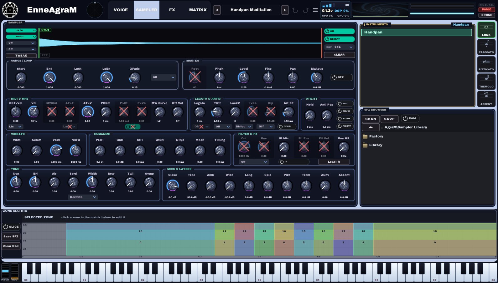 Sampler page with the zone matrix, articulations and instrument browser