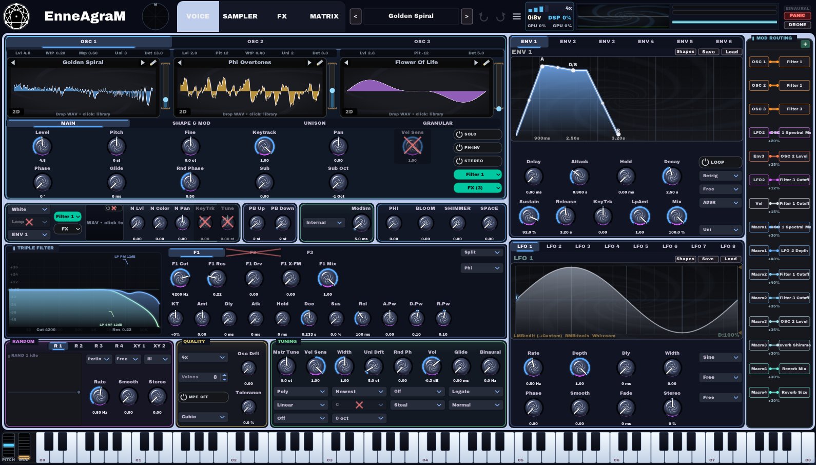 EnneAgraM voice page: three oscillators, envelopes, LFOs, filters and modulation routing, with the Golden Spiral preset loaded