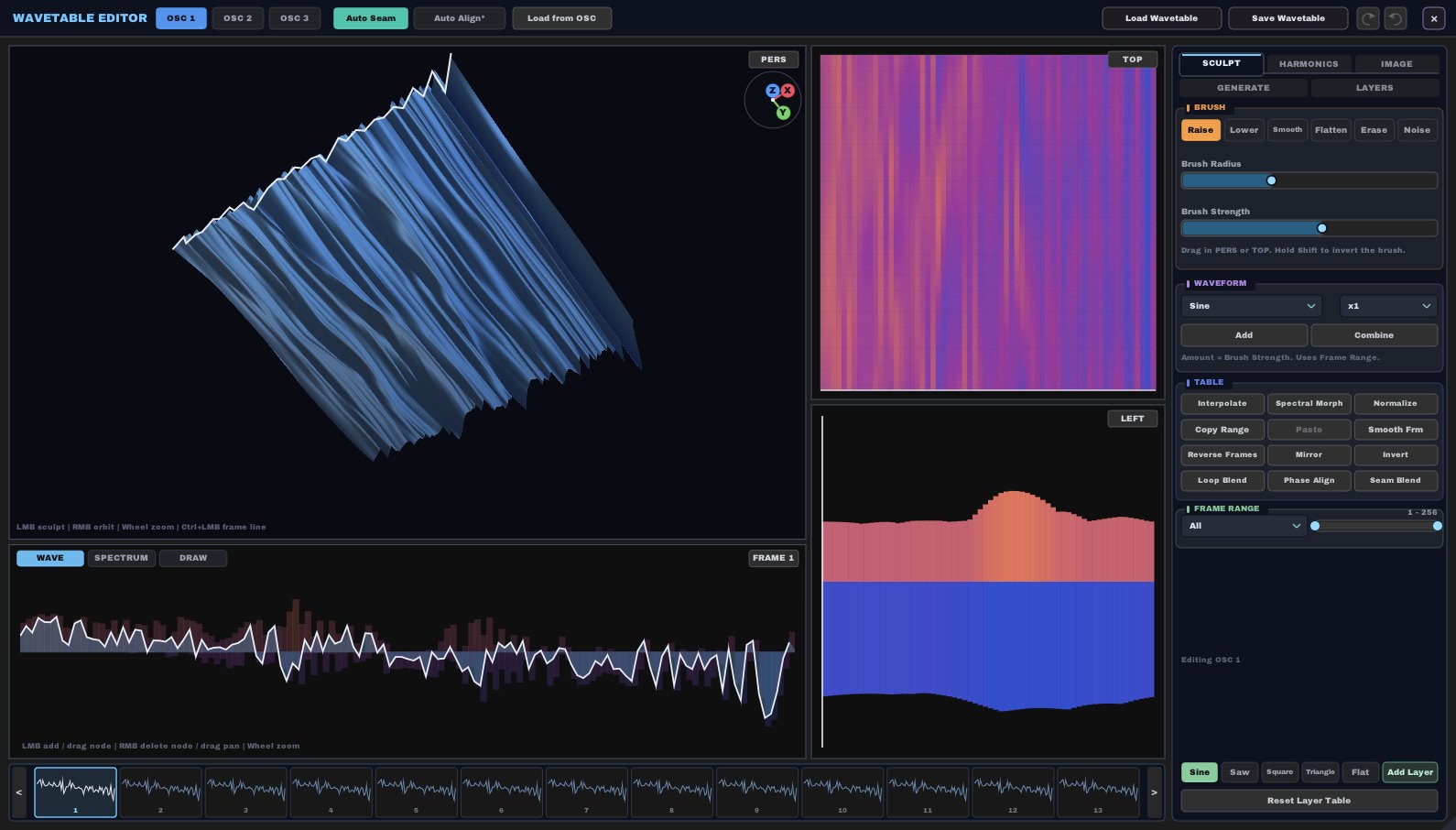 Wavetable editor with the Golden Spiral wavetable in 3D, top and side views, wave editor and sculpt tools